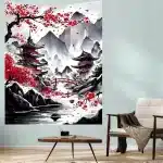 Japanese Zen Landscape Pagoda Sakura Blossoms Tapestry