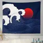 Modern Minimalist Japanese Wave and Red Sun Tapestry