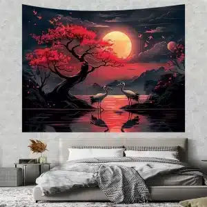 Moonlit Cranes & Cherry Blossom Art Tapestry