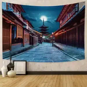 Moonlit Kyoto Pagoda Old Town Streets Tapestry