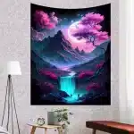 Moonlit Waterfall Neon Sakura Trees Landscape Tapestry