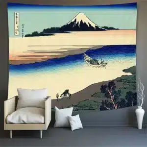 Mount Fuji and Riverside Scene Hokusai Art Tapestry