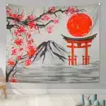 Mount Fuji and Torii Gate Cherry Blossoms Tapestry