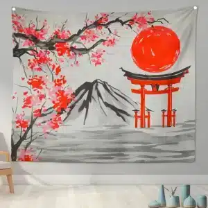 Mount Fuji and Torii Gate Cherry Blossoms Tapestry