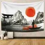 Mountain Landscape Samurai & Sunset Tapestry