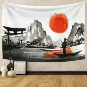 Mountain Landscape Samurai & Sunset Tapestry