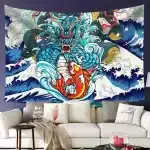 Mythical Dragon and Koi Fish Battle Japanese Art Tapestry