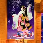 Night Blossom Geisha in Vibrant Floral Kimono Tapestry