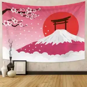 Pink Mount Fuji & Torii Gate Cherry Blossom Tapestry