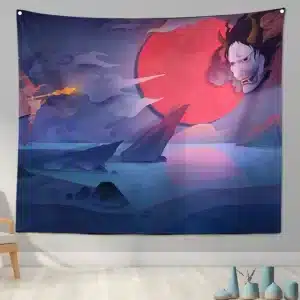 Red Moon and Misty Landscape Oni Mask Tapestry