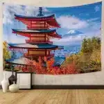 Red Pagoda with Mount Fuji Wall Art Tapestry