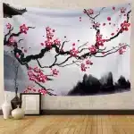 Red Plum Blossoms on Ink Wash Mountain Tapestry