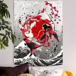 Red and Black Koi Fish Cherry Blossoms and Waves Tapestry