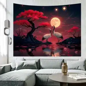 Romantic Moonlit Crane Dance Wall Art Tapestry