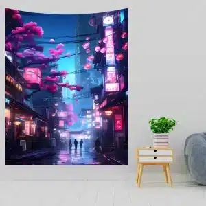 Sakura Blooms City Street Cyberpunk Nightscape Tapestry