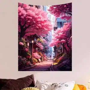 Sakura Blossom Japanese Urban Street Tapestry