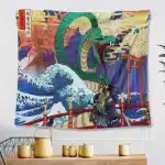 Samurai Battling Serpent Dragon Japanese Ukiyo-e Tapestry