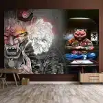 Samurai Oni Mask and Tattooed Cat Warrior Art Tapestry