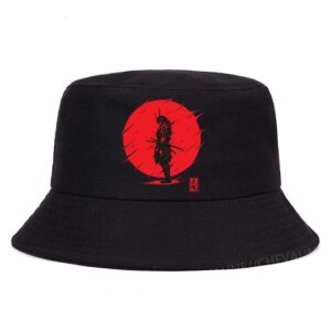 Samurai Silhouette with Red Sun Graphic Bucket Hat