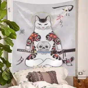 Samurai Warrior Cat with Skull Tattoo Tapestry