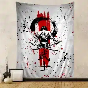 Samurai Warrior Dual Katana Ink Brush Art Tapestry