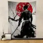 Samurai Warrior with Cherry Blossoms Wall Art Tapestry