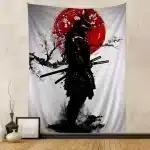 Samurai Warrior with Katana and Cherry Blossom Tapestry