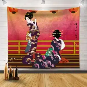 Traditional Geishas on Bridge Japanese Sunset Tapestry