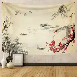 Tranquil Oriental River Scene Wall Art Tapestry