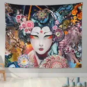 Trippy Psychedelic Japanese Geisha Wall Tapestry