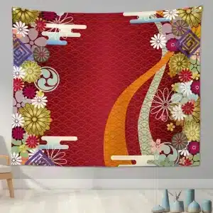 Vibrant Japanese Floral Wave Red and Gold Tapestry