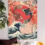 Vintage Koi Fish Great Wave Ukiyo-e Art Tapestry