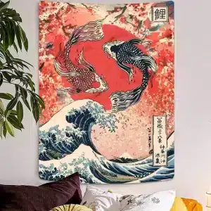 Vintage Koi Fish Great Wave Ukiyo-e Art Tapestry