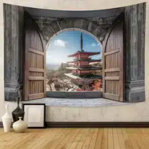 Wooden Doors Japanese Pagoda View Tapestry