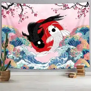 Yin Yang Koi Fish Cherry Blossoms and Waves Tapestry