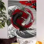 Yin Yang Koi Fish Great Wave Zen Art Decor Tapestry