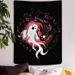 Yin Yang Koi Fish Red Cherry Blossom Circle Tapestry