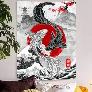 Yin Yang Koi Fish Red Sun and Pagoda Wall Tapestry