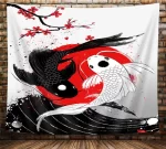 Yin Yang Koi Fish Red Sun and Sakura Branch Tapestry