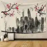 Zen Japanese Landscape Ink Wash Art Tapestry