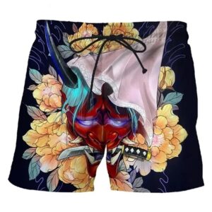 Dark Oni Mask Samurai Floral Patterns Men's Shorts