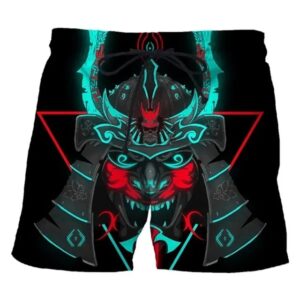 Neon Cyber Samurai Oni Mask Futuristic Shorts