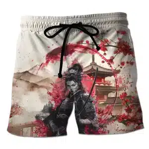 Red Sakura Blossoms Female Samurai Men's Shorts