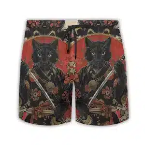 Samurai Black Cat Warrior Floral Patterns Men's Shorts