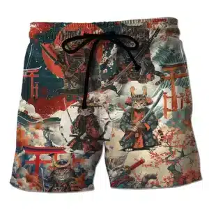 Samurai Cat Torii Gates and Cherry Blossoms Shorts