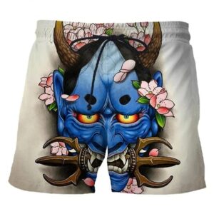 Traditional Yellow Eyes Blue Oni Demon Mask Shorts