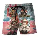 Whimsical Blue & Pink Samurai Cat Men's Shorts